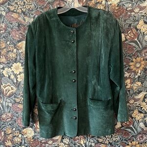 Vintage Forest Green Suede Jacket 90s Minimalist Collarless Genuine Leather